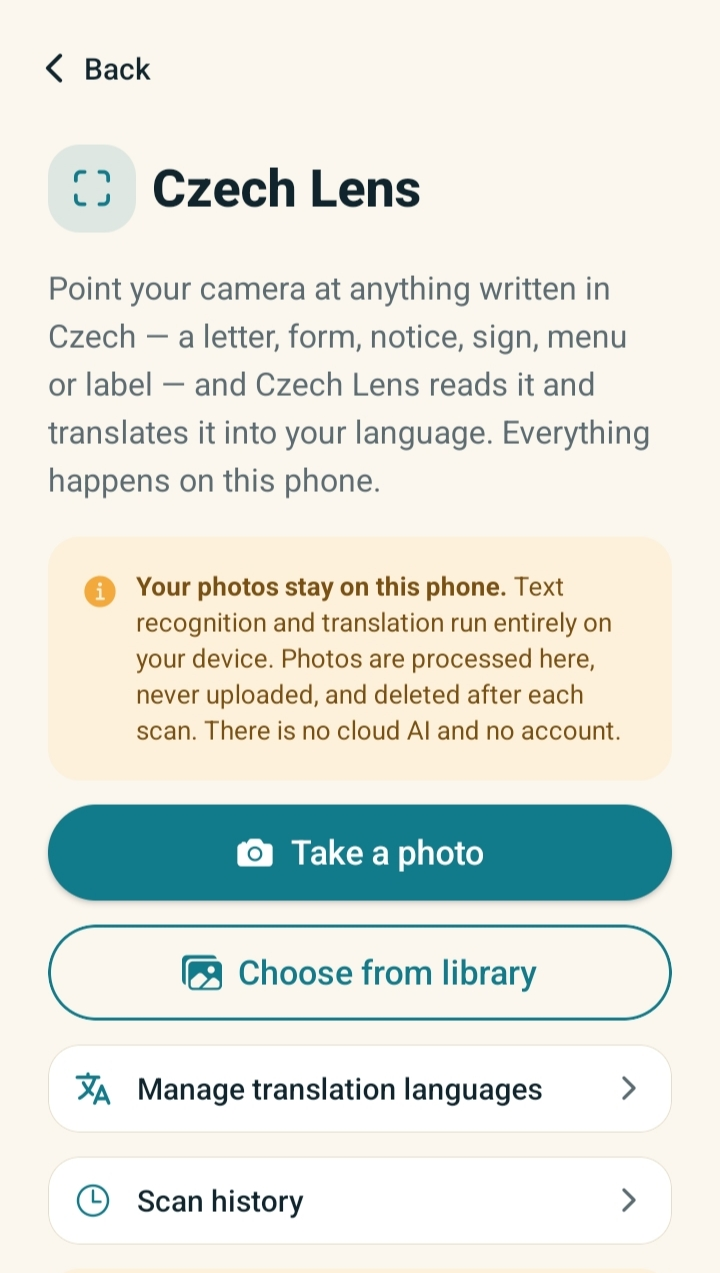 The Czech Lens screen, where you point your camera at Czech text to read it in your language, with a note that photos stay on your phone.
