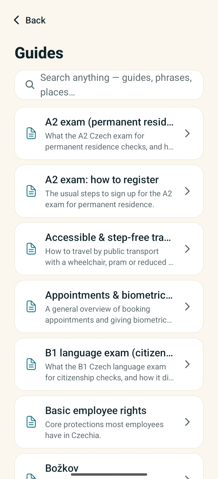 The Guides screen: a searchable list of official, dated guides for living in Czechia.