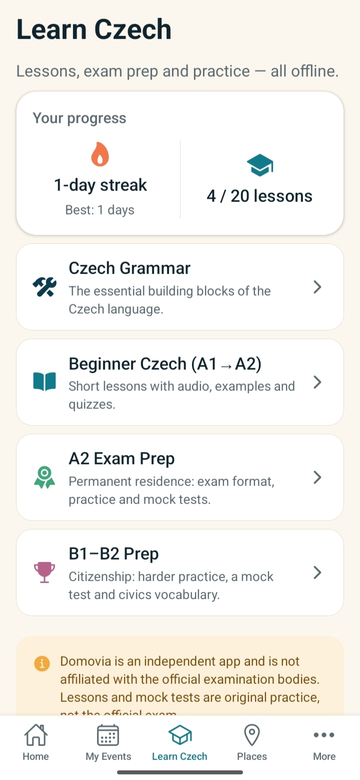 The Learn Czech screen showing lesson tracks, exam prep and your progress.