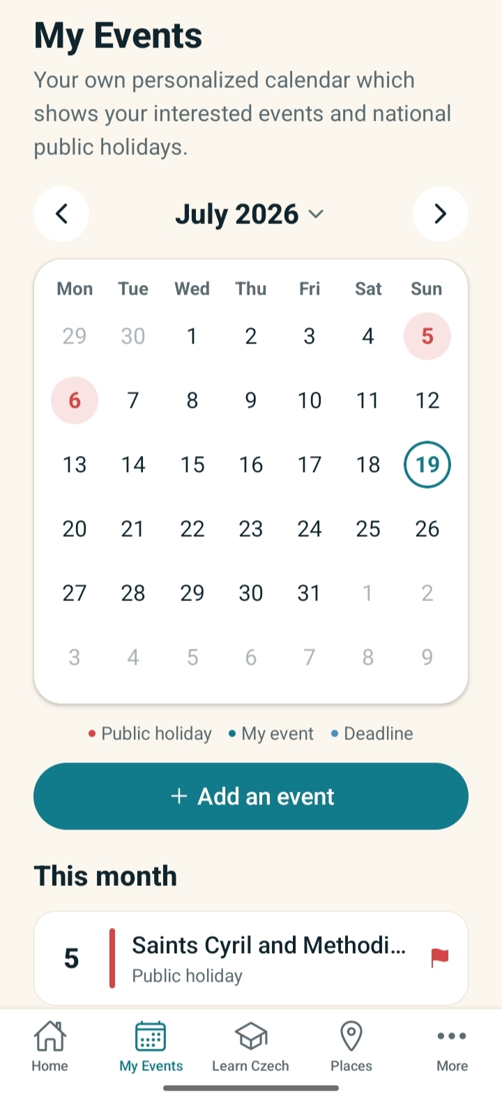 The My Events screen showing a month calendar with Czech public holidays, your own events and deadlines.