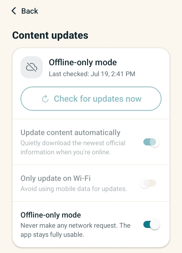 The Content updates screen with an offline-only mode and automatic background updates.