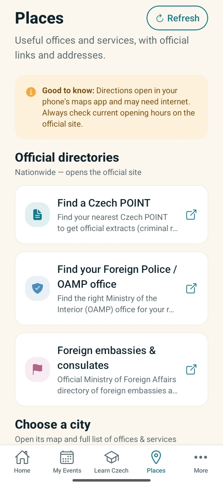 The Places screen listing official directories such as Czech POINT, the Foreign Police office and embassies.